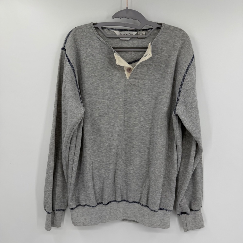 Christian Dior Vintage Mens Grey Henley Sweatshirt Contrast Stitch Medium